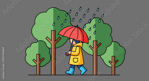 Person in yellow raincoat with red umbrella walking in the rain.