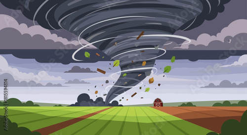 Powerful Tornado Swirling with Debris in a Rural Landscape.