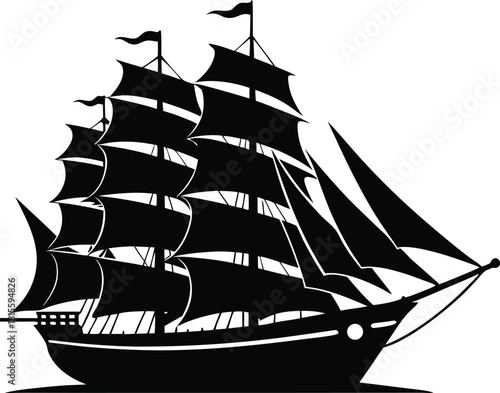 Classic tall ship silhouette with full sails vector illustration