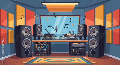 Professional Music Studio Setup with Audio Equipment and Speakers.
