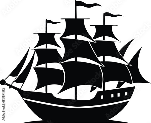 Classic tall ship silhouette with full sails vector illustration