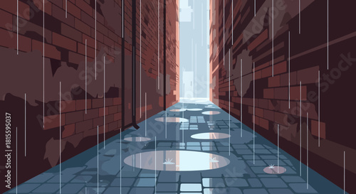 Rainy alleyway with puddles reflecting the light, urban street during downpour.
