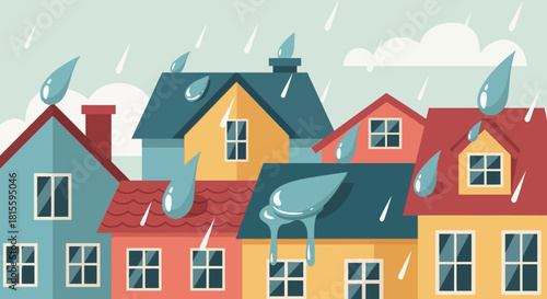 Rainy day in a colorful neighborhood with houses and large raindrops.