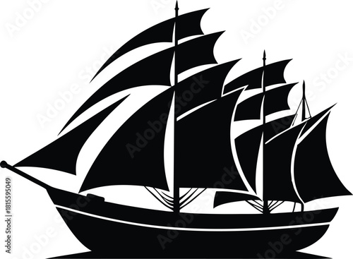 Classic tall ship silhouette with full sails vector illustration