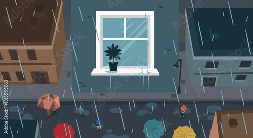 Rainy day in the city with people walking with umbrellas.