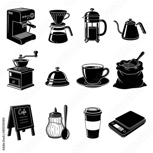 Set of black and white coffee shop icons featuring brewing equipment, accessories, and cafe elements.