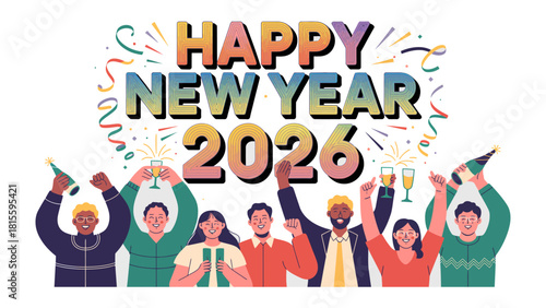 New Year's Eve Cheers 2026: An illustration of a diverse group of individuals raising glasses in a joyous toast to welcome the New Year.