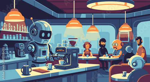 Robot barista expertly prepares coffee in a modern cafe setting.