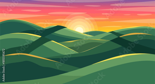 Rolling green hills bathed in the warm glow of a vibrant sunset, creating a serene and picturesque landscape.