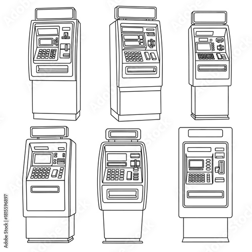 Set of six different ATM machine models illustrated in a clean black outline style.