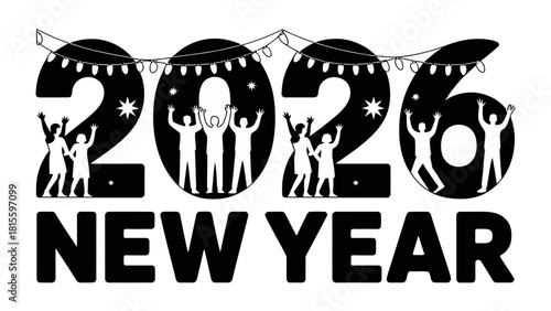 New Year 2026 Celebration: A jubilant depiction of a new year, showcasing people raising their hands in joyous celebration. Celebrating the arrival of 2026 with an atmosphere of hope and festivity.