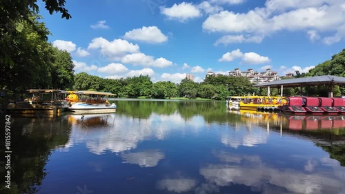 A peaceful 4K lake scene featuring paddle boats gliding on calm water. Ideal for travel content, nature footage, tourism promos, and relaxing background visuals.