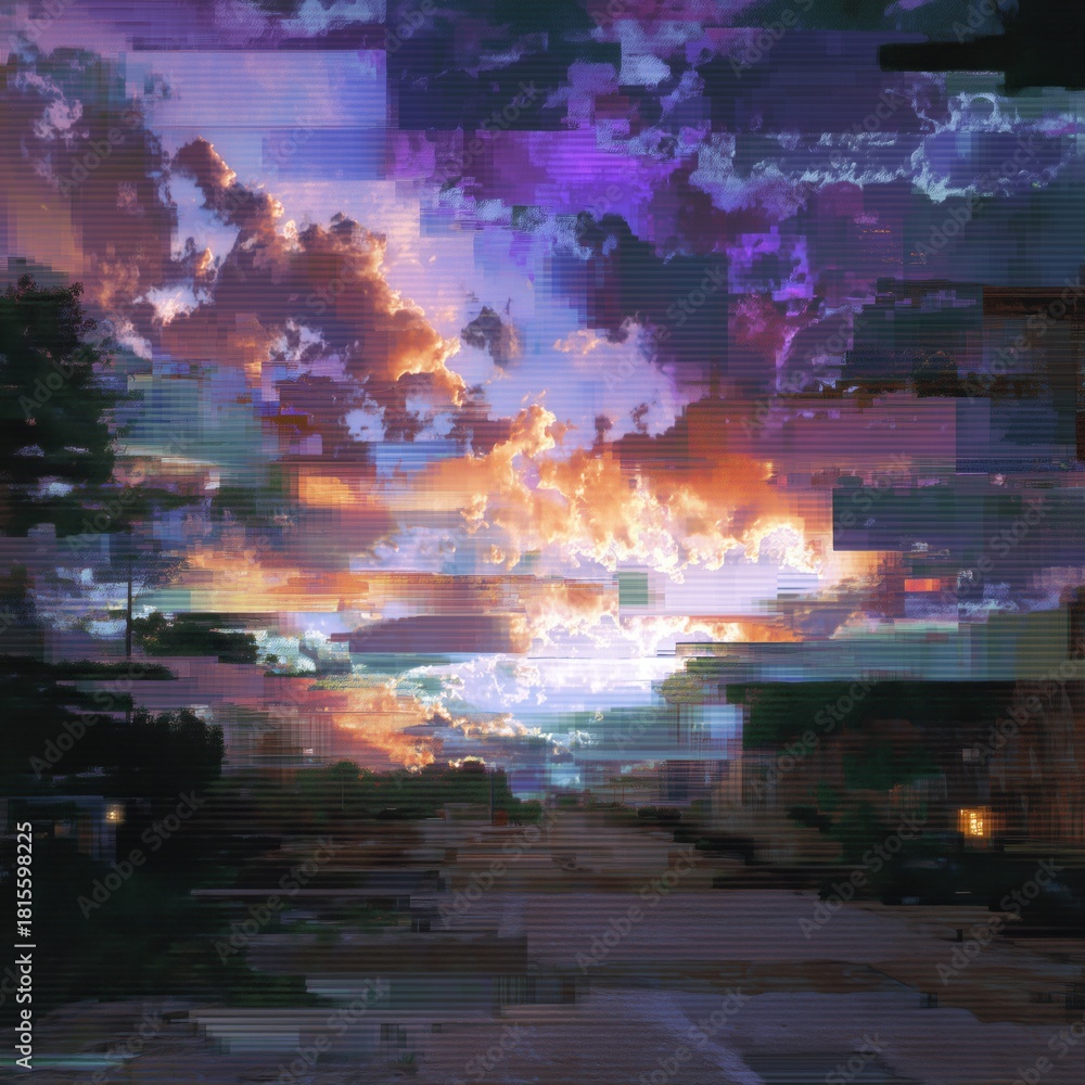 Fototapeta premium Colorful Glitch-Style Abstract Sunset Landscape