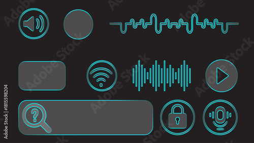 Neon blue interface icons on dark background sound