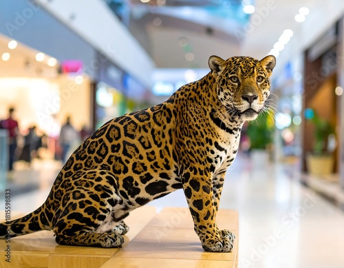A jaguar sits calmly, observing a shopping mall interior