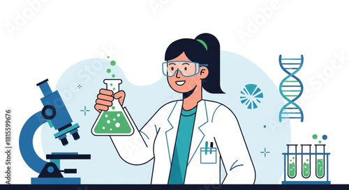 Female Scientist Working with Laboratory Equipment – Chemistry Research Vector Illustration