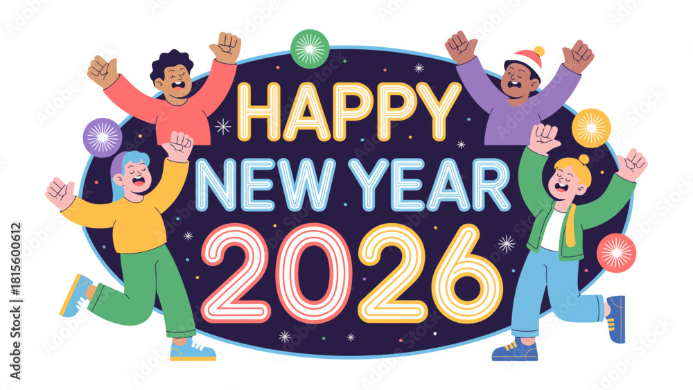 Obraz premium New Year 2026 Celebration: joyful new year's celebration in 2026, filled with festive cheer and vibrant excitement. People are enjoying the event with a jubilant spirit!