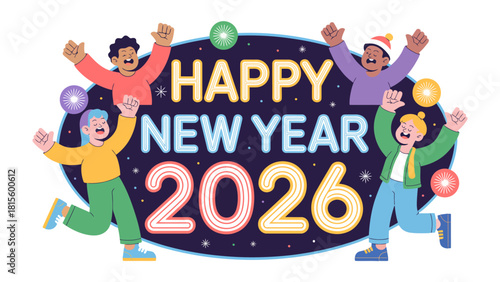 New Year 2026 Celebration: joyful new year's celebration in 2026, filled with festive cheer and vibrant excitement. People are enjoying the event with a jubilant spirit!