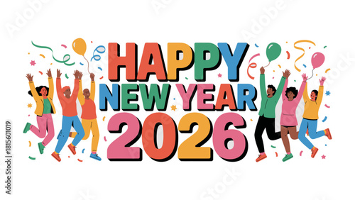 Joyous New Year 2026 Celebration: A vibrant gathering of diverse individuals exuberantly celebrate the dawn of the year 2026.