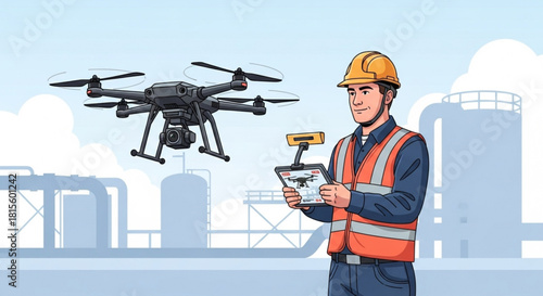Industrial Facility Drone Survey for Pipeline Leak Detection – Flat Vector Art