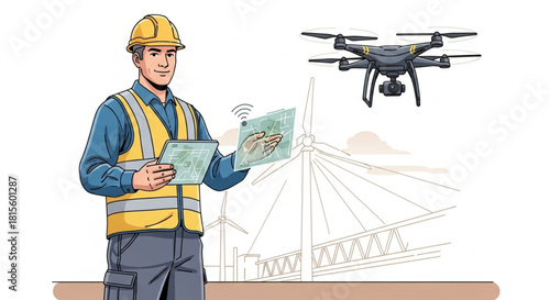 Remote UAV Operator Monitoring Critical Infrastructure in Manufacturing Plant – Vector Scene