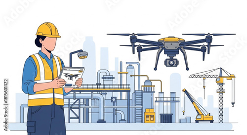 Field Engineer Conducting UAV Structural Integrity Inspection – Vector Illustration