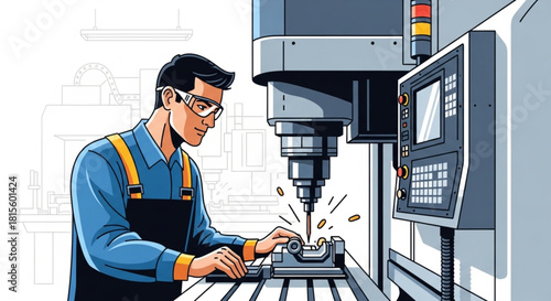 CNC Machine Operator Working on Precision Metal Part – Vector Illustration