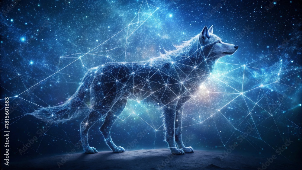 Fototapeta premium Celestial Canine A Wolf Silhouette Embroidered with Cosmic Constellations Against a Night Sky Backdrop