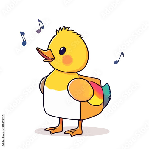 Singing cartoon duckling yellow head white belly colorful wing musical notes float around it