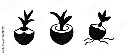 Black and white vector illustration of sprouting seeds logo collection