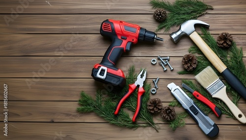 Diy tools and christmas decoration on wooden background top