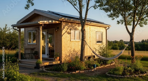 Wallpaper Mural Cozy wooden tiny house with solar panels and hammock in sunny nature setting Torontodigital.ca