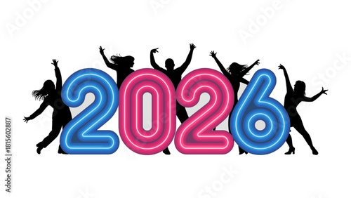 New Year 2026 Celebration: Capturing the excitement of new year, a neon-lit 2026 shines brightly as dancing figures rejoice.
