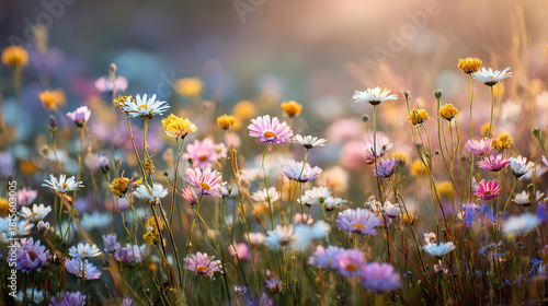 Fototapeta Naklejka Na Ścianę i Meble -  Soft focus meadow of wildflowers in warm sunlight