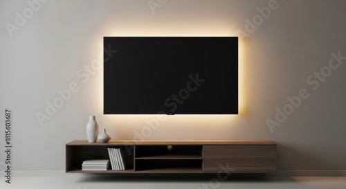 Modern minimalist living room with wall-mounted tv and wooden cabinet