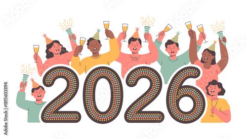 New Year 2026 Celebration: Diverse group of people clink glasses, illuminating the year 2026 with festivity, capturing a vibrant and cheerful celebration.