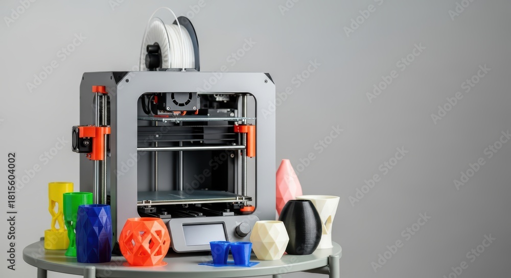 Fototapeta premium Colorful 3d printed objects surround modern 3d printer on table