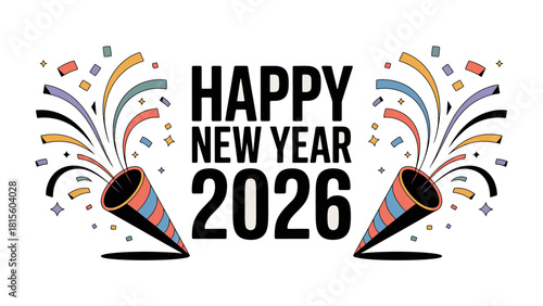 Festive Greetings: Happy New Year 2026! A vibrant and colorful design with confetti, celebrating the arrival of 2026. Perfect for holiday wishes.