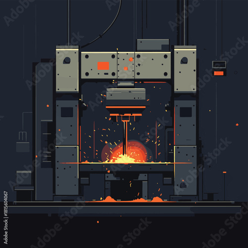 Industrial hydraulic press crushing metal components with sparks , vector style simple color