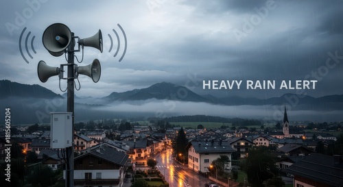 Townscape with siren warning of heavy rain in a storm