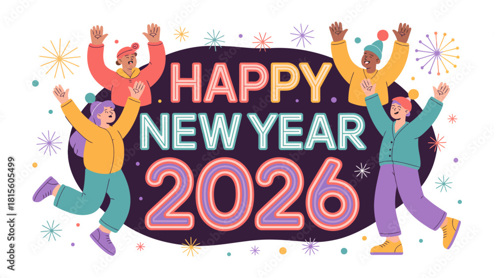 Naklejka premium New Year 2026 Celebration: Capturing the spirit of joyous celebration with dynamic design, embodying the festive atmosphere of the New Year, showcasing modern typography and vibrant hues.