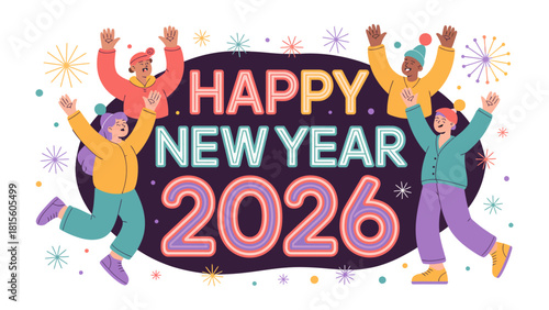 New Year 2026 Celebration: Capturing the spirit of joyous celebration with dynamic design, embodying the festive atmosphere of the New Year, showcasing modern typography and vibrant hues. 