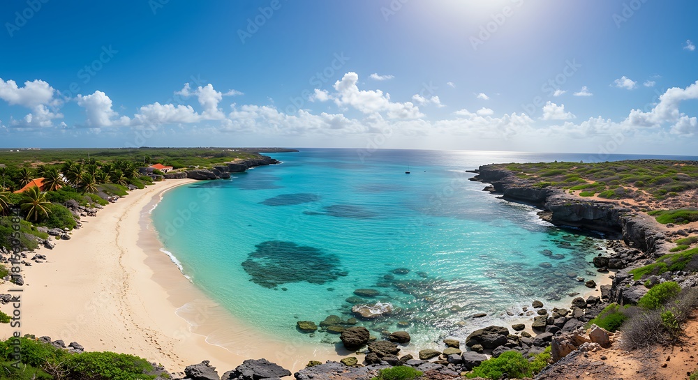 Fototapeta premium Breathtaking panorama of a secluded turquoise bay with golden sand, cliffs, and a sunny sky