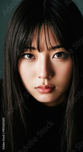 Wallpaper Mural Captivating Beauty: A close-up shot of a young woman's face. Her dark hair frames her features, accentuating her intense gaze. The image evokes a sense of introspection and sophistication. Torontodigital.ca