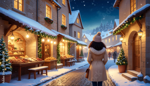 Cozy winter market street glowing with warm lights. Snowy festive village walk under evening stars. Winter holiday market glowing with rustic charm. Warm-lit winter street with festive decorations