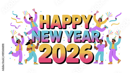 Celebration of New Year 2026: An illustration showcases a diverse group of people joyfully celebrating the upcoming New Year, radiating positivity, and fun.