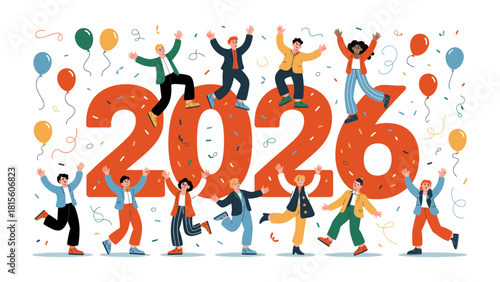 New Year 2026 Celebration: A vibrant gathering of individuals celebrates the arrival of 2026. This illustration encapsulates the spirit of joy, unity, and excitement.