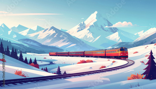 Red train curving through bright snowy mountains. Winter alpine express racing along icy rails. Snowy mountain bend with sleek red train. Scenic alpine track crossed by vibrant winter train