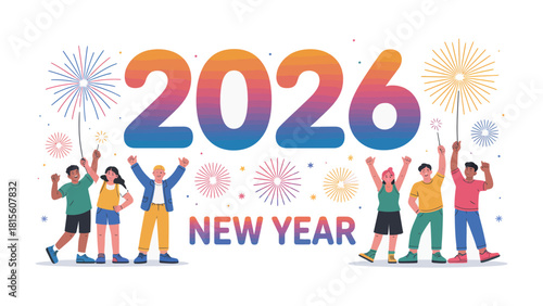 Vibrant New Year 2026 Celebration: A jubilant group of individuals welcomes the dawn of 2026, igniting fireworks against a backdrop of colorful displays.