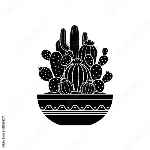 Monochrome silhouette of diverse cacti arrangement in ornamented pot illustration